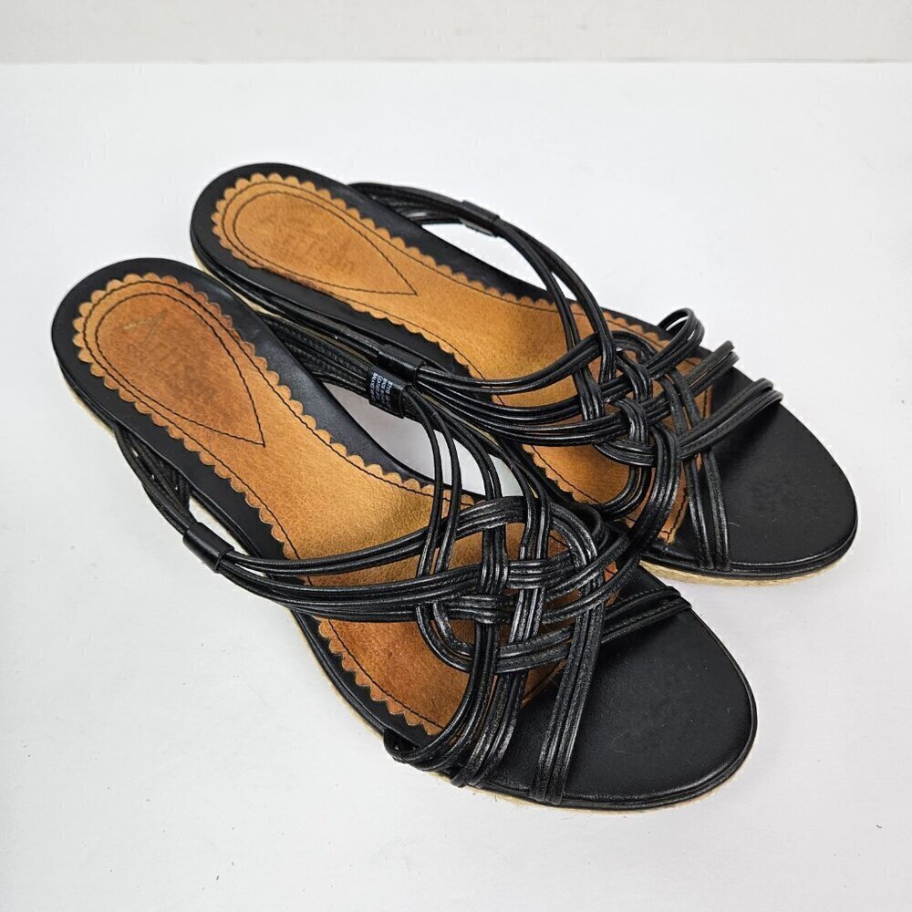 Clarks Artisan Black Leather Strappy Braided Espadrille Wedge Platform Sandal - Picture 2 of 12